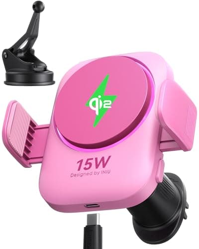 Chargeur Sans Fil INIUpour Voiture Compatible iPhone 17 16 15 14 13 Séries, Chargement Rapide Qi2 15W, Rotation 360° — Rose