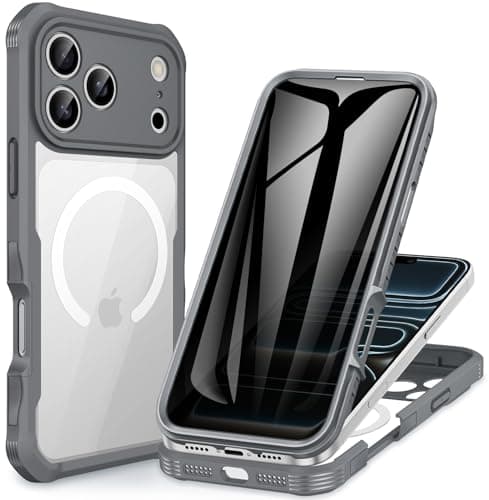 CENHUFO Magnétique Coque iPhone 17 Pro Max Intégrale 9H Protection Écran et Caméra, Antichoc Compatible MagSafe - Noir — Anti Espion Gris