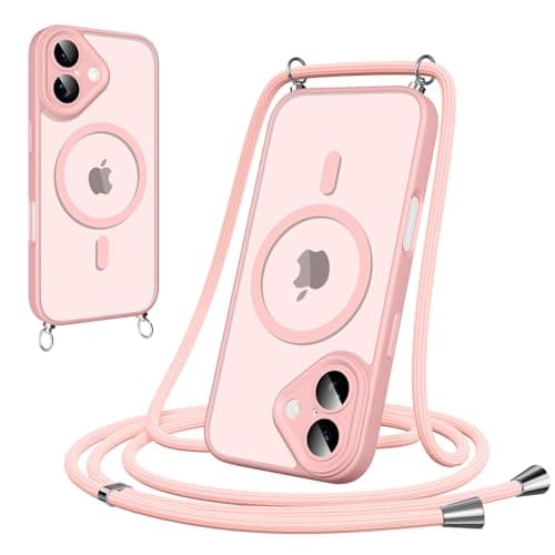 Woijrly Coque Magnétique pour iPhone 17 Pro Max, Noire avec Cordon et MagSafe Protection Arrière Mat — Rose