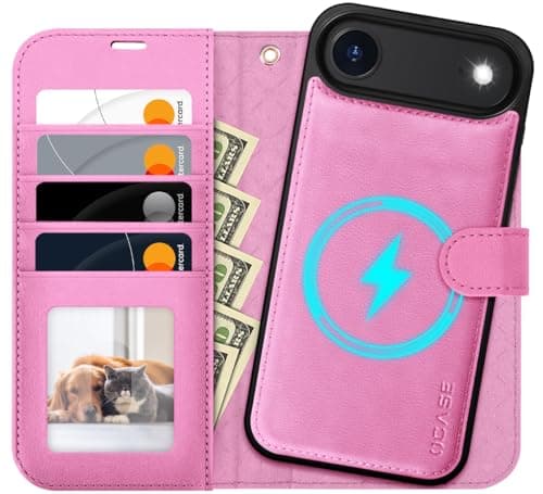 OCASE Coque iPhone 17 Pro 2-en-1 RFID Blocage Anti-Choc PU Cuir Portefeuille, Étui Étanche pour iPhone 17 Pro (6,3'', 20 — Pêche Rose