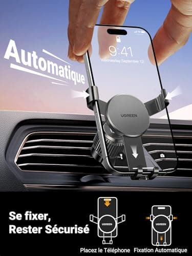 UGREEN Support Téléphone Voiture Gravité Noir Compatible iPhone 17 Pro Max Air 16 15 14 Galaxy S25 S24 Pixel 10 9 Aérati