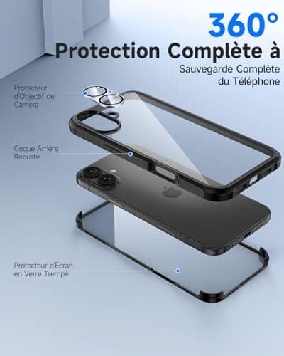 Coque Seacosmo pour iPhone 17 6,3 Pouces - Antichoc Verre Trempé Caméra Protecteur 9H Noir