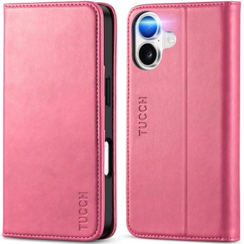TUCCH Coque pour iPhone 17 5G 2025 Noir | Blocage RFID, Portefeuille à Clapet, Protection Antichoc TPU, Support 3 Fentes — Rose Vif