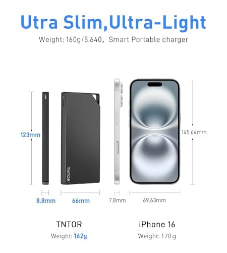 TNTOR Batterie Externe 10000mAh Gris Clair - Ultra-Mince et Grande Capacité pour iPhone, Samsung et Huawei - Rapidement
