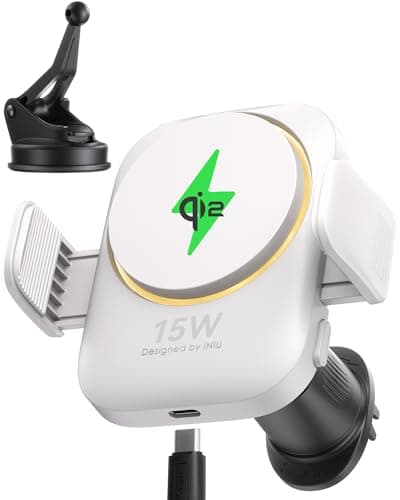 Chargeur Sans Fil INIUpour Voiture Compatible iPhone 17 16 15 14 13 Séries, Chargement Rapide Qi2 15W, Rotation 360° — Blanc