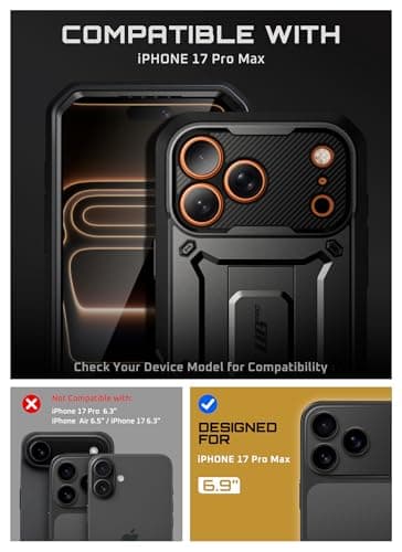 SUPCASE Coque Protective Militaire pour iPhone 17 Pro Max Noir [Béquille Intégrée & Protection d'Ecran] [Protection Accr