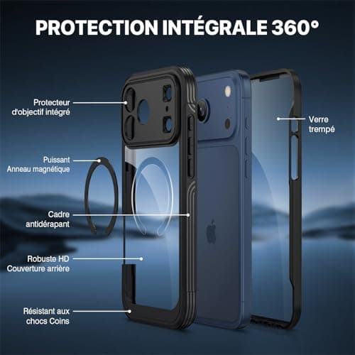 CENHUFO Magnétique Coque iPhone 17 Pro Max Intégrale 9H Protection Écran et Caméra, Antichoc Compatible MagSafe - Noir