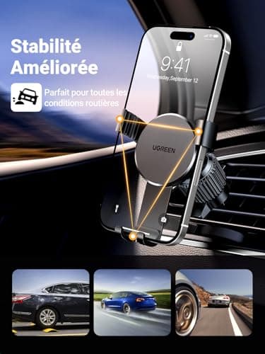 UGREEN Support Téléphone Voiture Gravité Noir Compatible iPhone 17 Pro Max Air 16 15 14 Galaxy S25 S24 Pixel 10 9 Aérati