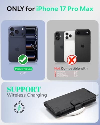 OCASE Coque en Cuir PU pour iPhone 17 Pro Max - Protection Antichoc et RFID Blocking - Noir