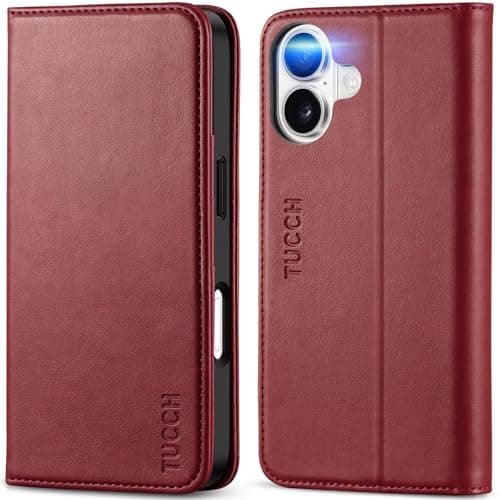 TUCCH Coque pour iPhone 17 5G 2025 Noir | Blocage RFID, Portefeuille à Clapet, Protection Antichoc TPU, Support 3 Fentes — Rouge Profond