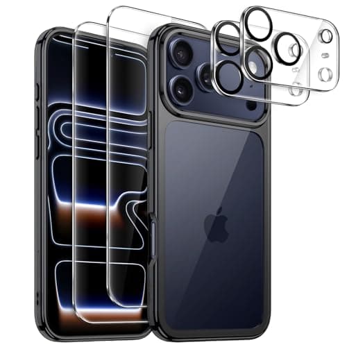 JETech Coque 5 en 1 pour iPhone 17 Pro 6,3 Pouces | Protection D'écran en Verre Trempé & Protecteur d'Objectif Caméra | — Noir