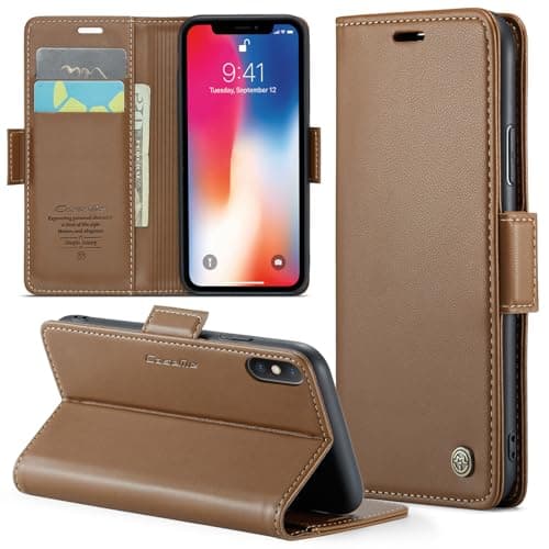Phernykas Coque iPhone 17 Pro Max Noir Étui Portefeuille Wallet en Cuir PUProtection Antivol Folio Magnétique RFID — Brown