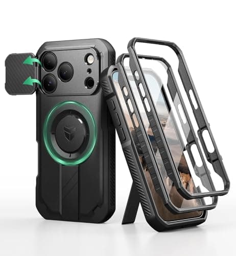 Dexnor Coque Magnétique iPhone 17 Pro Noir - Protection Caméra & Kickstand Pliable & Écran Intégré