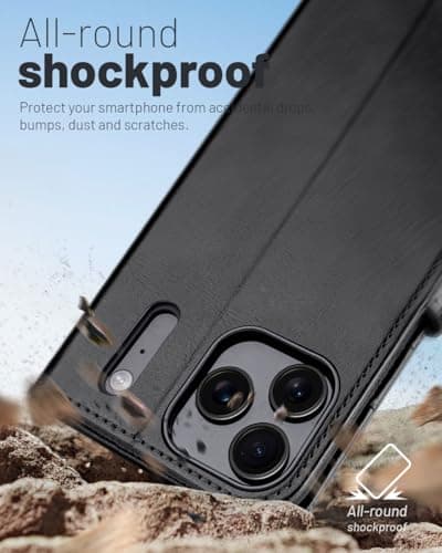 OCASE Coque en Cuir PU pour iPhone 17 Pro Max - Protection Antichoc et RFID Blocking - Noir