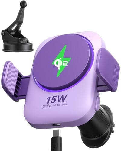 Chargeur Sans Fil INIUpour Voiture Compatible iPhone 17 16 15 14 13 Séries, Chargement Rapide Qi2 15W, Rotation 360° — Violet
