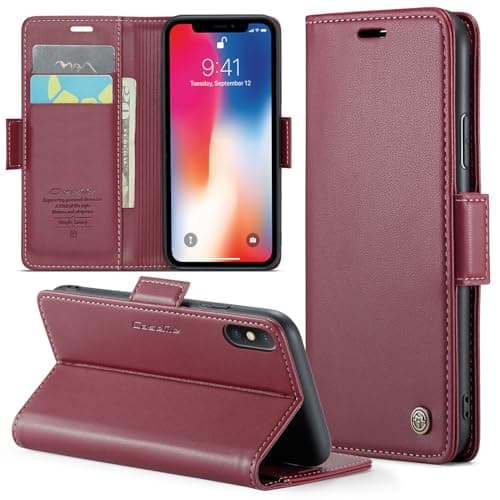 Phernykas Coque iPhone 17 Pro Max Noir Étui Portefeuille Wallet en Cuir PUProtection Antivol Folio Magnétique RFID — Red