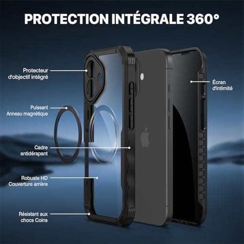 CENHUFO Magnétique Anti Espion Coque Magnétique iPhone 17 Noir - Protection écran et Caméra, Compatible MagSafe, 9H Dura