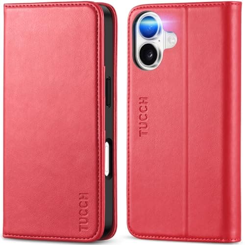 TUCCH Coque pour iPhone 17 5G 2025 Noir | Blocage RFID, Portefeuille à Clapet, Protection Antichoc TPU, Support 3 Fentes — Rouge Vif