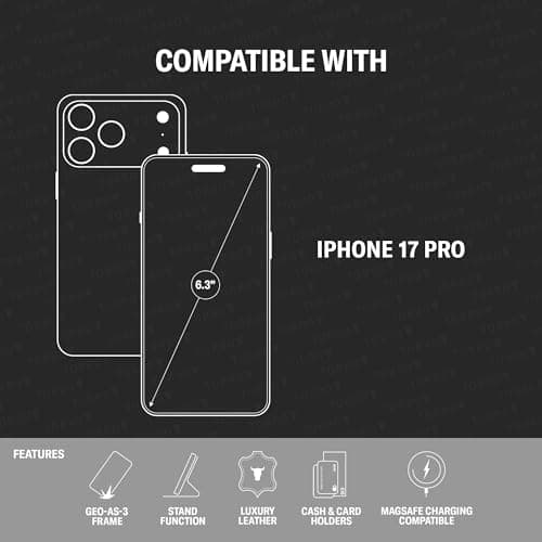 TORRO Coque en cuir véritableCompatible avec iPhone 17 Pro - Noir  
 TORRO Coque avec béquilleCompatible avec iPhone 17