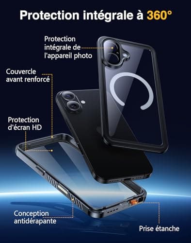 Coque Lanhiem IP68 Waterproof Étanche pour iPhone 17 - Noir | Antichoc 360° Incassable| Protection Écran + Caméra| Compa