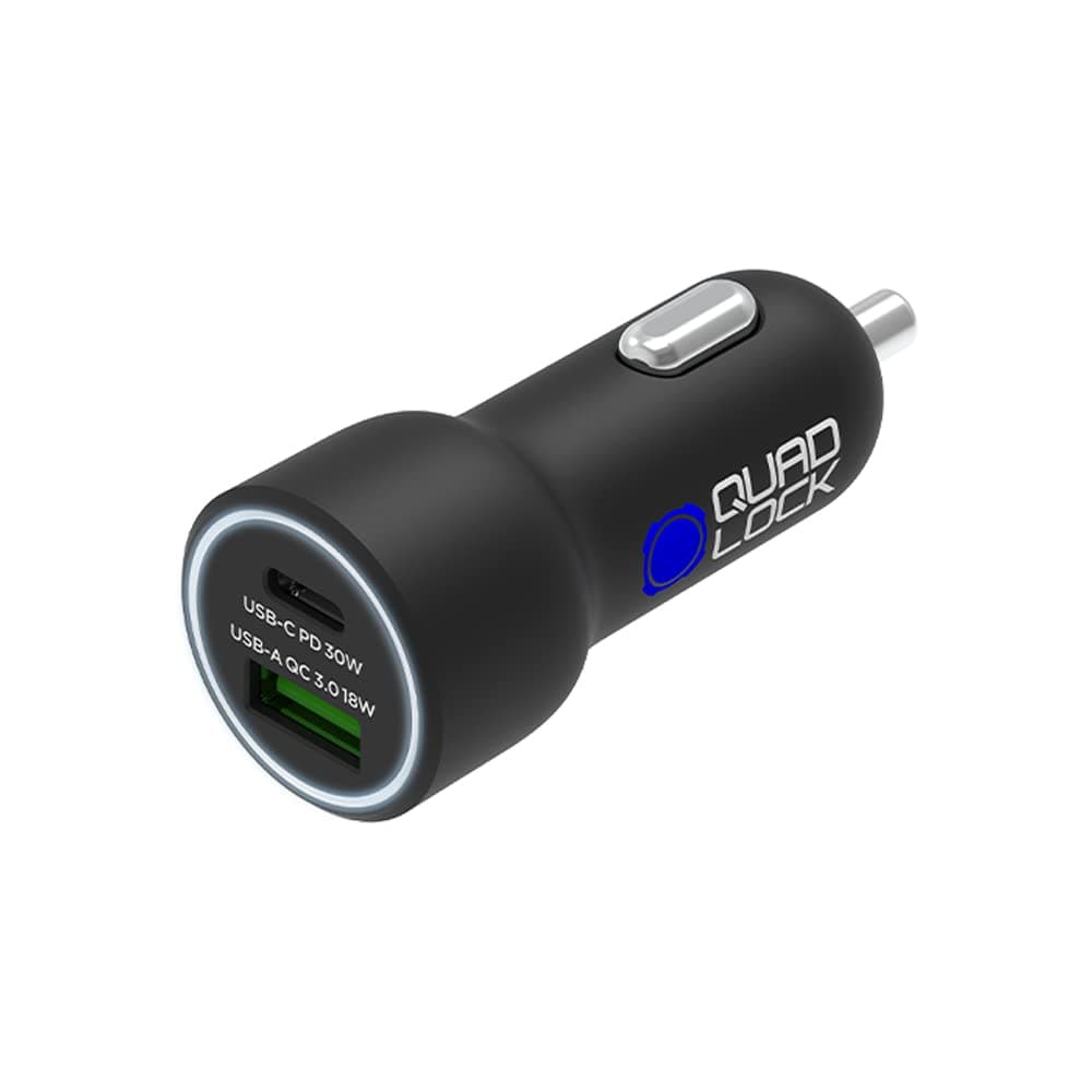 Chargeur allume-cigare Quad Lock double USB 48W pour voiture arrestedé sur cePtuels en déplacement