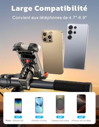Rolgno Support Telephone Velo Libération Rapide & Rotation 360° Porte Téléphone Moto Verrouillage Sûr pour Smartphones |