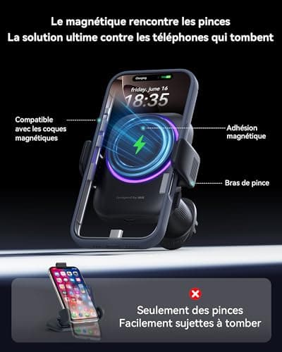 Chargeur Sans Fil INIUpour Voiture Compatible iPhone 17 16 15 14 13 Séries, Chargement Rapide Qi2 15W, Rotation 360°