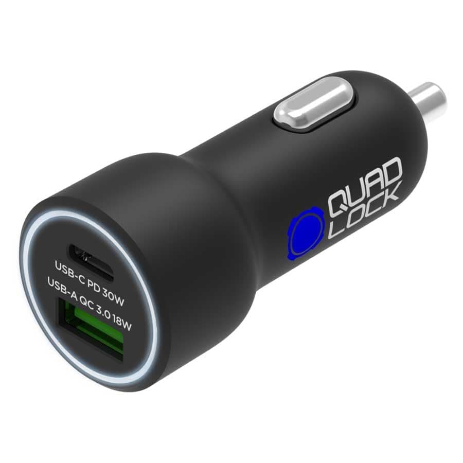 Chargeur allume-cigare Quad Lock double USB 48W pour voiture arrestedé sur cePtuels en déplacement