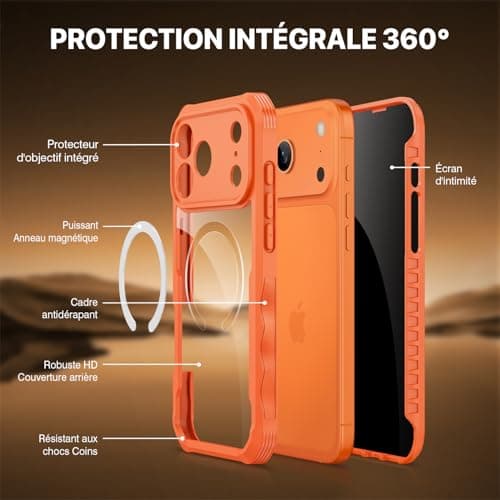 CENHUFO Magnétique Anti Espion Coque iPhone 17 Pro Orange 360° Antichoc Verre Trempé 9H Protection Caméra Compatible Mag