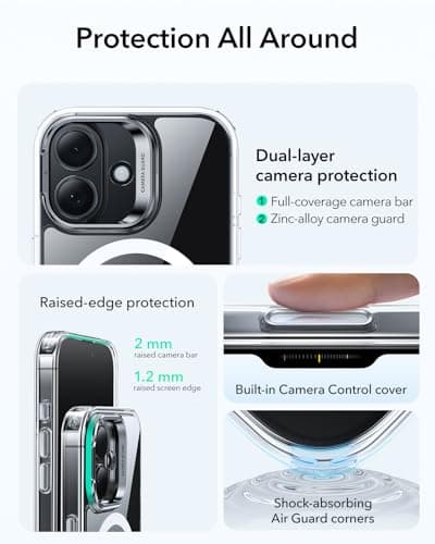 ESR Coque Transparente pour iPhone 17, Protection Commande de la Caméra et Compatible MagSafe, Idéale pour Hommes et Fem