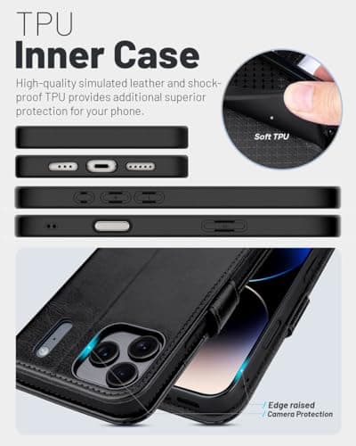 OCASE Coque en Cuir PU pour iPhone 17 Pro Max - Protection Antichoc et RFID Blocking - Noir