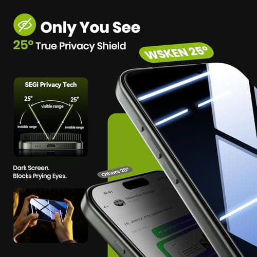 WSKEN Protection d'écran de confidentialité pour iPhone 17 Pro Max – Retrait automatique de la poussière | 9H + verre tr