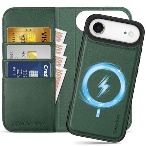 Shieldon Coque Amovible Cuir Véritable pour iPhone 17 Pro Max - Coque Recharge Sans Fil & Portefeuille 2 en 1 Bleu Marin — Chêne Vert