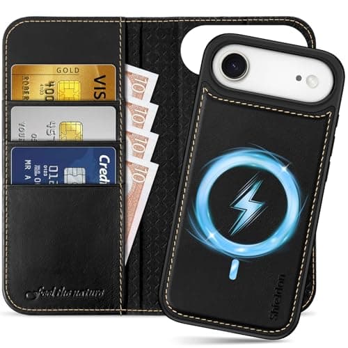 Shieldon Coque Amovible Cuir Véritable pour iPhone 17 Pro Max - Coque Recharge Sans Fil & Portefeuille 2 en 1 Bleu Marin — Rétro - Noir