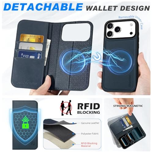 Shieldon Coque Amovible Cuir Véritable pour iPhone 17 Pro Max - Coque Recharge Sans Fil & Portefeuille 2 en 1 Bleu Marin