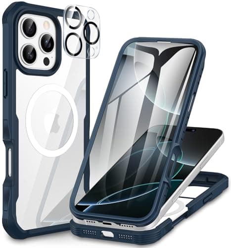 CENHUFO Magnétique Coque iPhone 17 Pro Max Intégrale 9H Protection Écran et Caméra, Antichoc Compatible MagSafe - Noir — Bleu