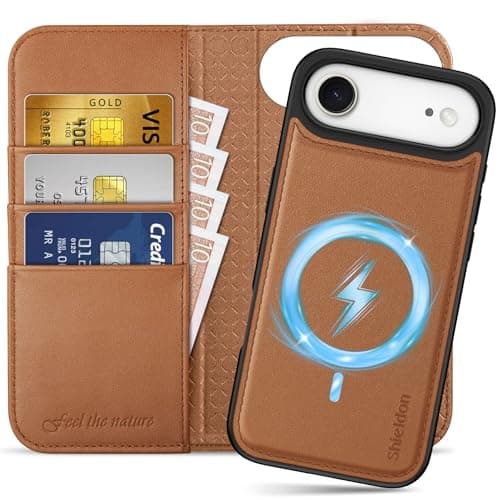 Shieldon Coque Amovible Cuir Véritable pour iPhone 17 Pro Max - Coque Recharge Sans Fil & Portefeuille 2 en 1 Bleu Marin — Brun Selle
