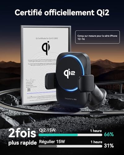 Chargeur Sans Fil INIUpour Voiture Compatible iPhone 17 16 15 14 13 Séries, Chargement Rapide Qi2 15W, Rotation 360°