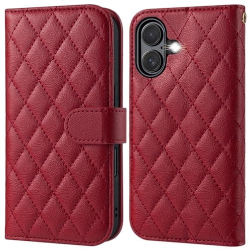OCASE Coque en Cuir PU pour iPhone 17 Pro Max - Protection Antichoc et RFID Blocking - Noir — Diamanté Rouge Foncé