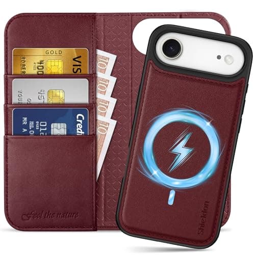 Shieldon Coque Amovible Cuir Véritable pour iPhone 17 Pro Max - Coque Recharge Sans Fil & Portefeuille 2 en 1 Bleu Marin — Vin Rouge