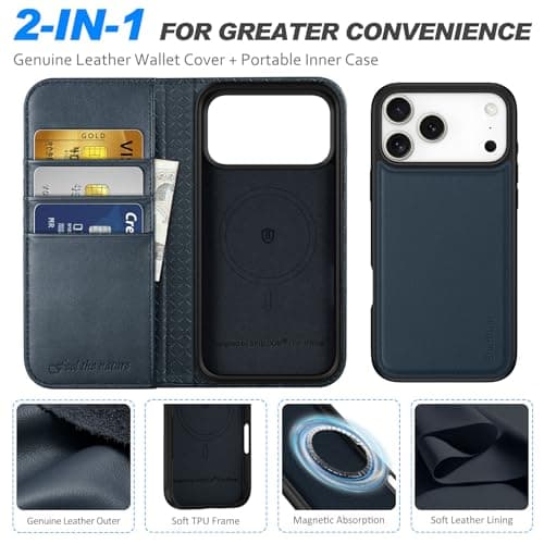 Shieldon Coque Amovible Cuir Véritable pour iPhone 17 Pro Max - Coque Recharge Sans Fil & Portefeuille 2 en 1 Bleu Marin