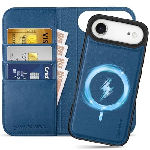 Shieldon Coque Amovible Cuir Véritable pour iPhone 17 Pro Max - Coque Recharge Sans Fil & Portefeuille 2 en 1 Bleu Marin — Bleu Royal