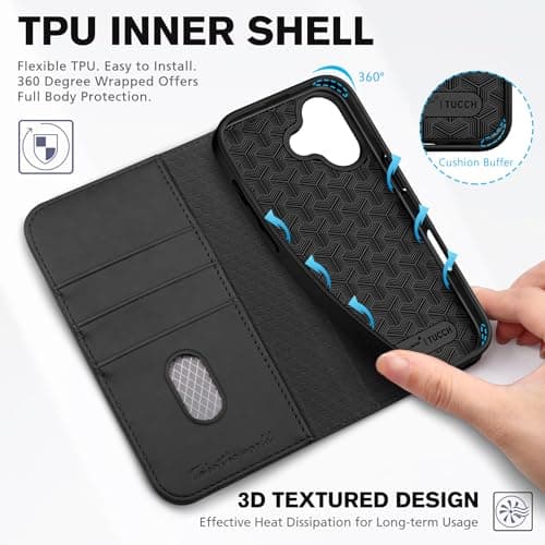 TUCCH Coque pour iPhone 17 5G 2025 Noir | Blocage RFID, Portefeuille à Clapet, Protection Antichoc TPU, Support 3 Fentes