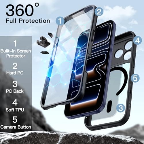 JETech Coque iPhone 17 Pro 6,3 Pouces Noir Protection D'écran Intégrée Contrôle Caméra MagSafe