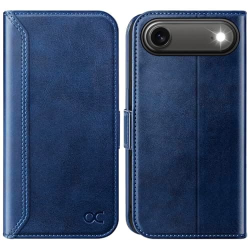 OCASE Coque en Cuir PU pour iPhone 17 Pro Max - Protection Antichoc et RFID Blocking - Noir — Série Rétro Bleu