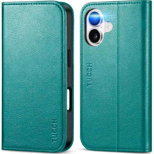 TUCCH Coque pour iPhone 17 5G 2025 Noir | Blocage RFID, Portefeuille à Clapet, Protection Antichoc TPU, Support 3 Fentes — Texturé - Cyan