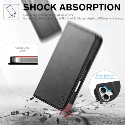 TUCCH Coque pour iPhone 17 5G 2025 Noir | Blocage RFID, Portefeuille à Clapet, Protection Antichoc TPU, Support 3 Fentes