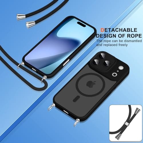 Woijrly Coque Magnétique pour iPhone 17 Pro Max, Noire avec Cordon et MagSafe Protection Arrière Mat