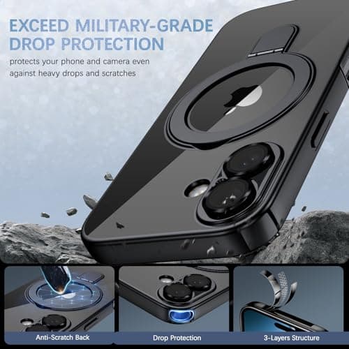 Coque BENTOBEN Magnétique iPhone 17 Magsafe Anti Rayures,Noir,Camera Protection Support Anneau Intégré 6.3" Réussite Étu