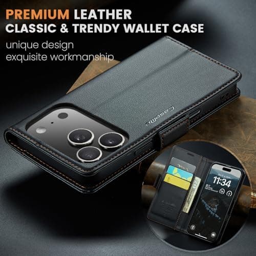 Phernykas Coque iPhone 17 Pro Max Noir Étui Portefeuille Wallet en Cuir PUProtection Antivol Folio Magnétique RFID